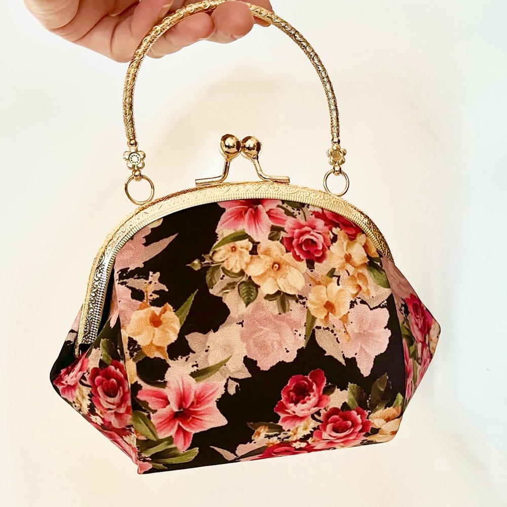 Floral Women’s Clutch With Gold Embossed Hoop Handle and Kiss Lock - Vintage